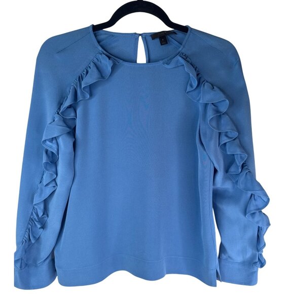 2/$30 J.Crew Size 0 Blue Ruffle Detail Silk Blouse - Picture 1 of 12
